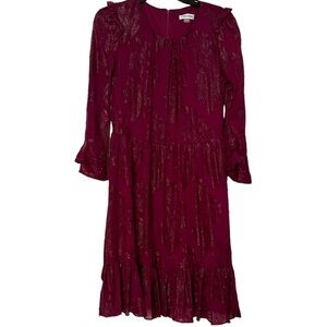 Calvin Klein Dress Burgandy w/ Metallic Textured Ruffles Cottagecore Size 10